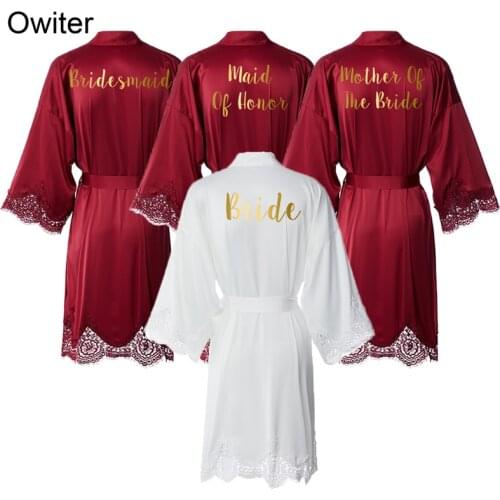 Owiter 2020 New Matt Satin Lace Robe Bride Robe Bridesmaid Robes Gown Bridal Wedding Kimono Robe Women Sleeppwear Burgundy