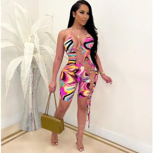Adogirl Sexy Tie Dye Print Hollow Out Women Playsuit Woman Outfit Sleeveless Overalls Bodycon Romper Female Short Jumpsuit