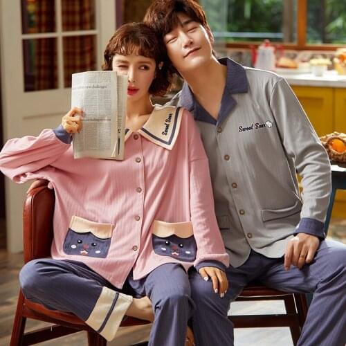 Couple Pajamas Pit Striped Autumn Winter Long-Sleeved Cotton Men And Women Thin Cotton Home Clothes Nighties Lovers Sleepwear