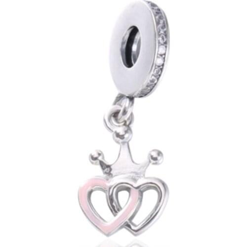 925 Sterling Silver charms Double Heart Crown Shape Charm Beads Fit PAN Bracelets beads for Jewelry making lover Gift
