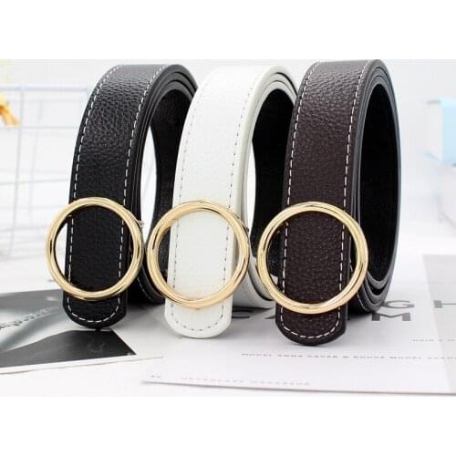Women Fashion Single Round Gold Buckle Belt Designer PU Leather White Black Coffee Cummerbunds All-Match Jeans Pants Waistband
