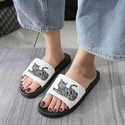 Shoes For Women 2021 Kawaii Grey Cat Pattern Home Slippers Bathroom Soft Sole Flip Flops Ladies Beach Flat Non-slip Slides