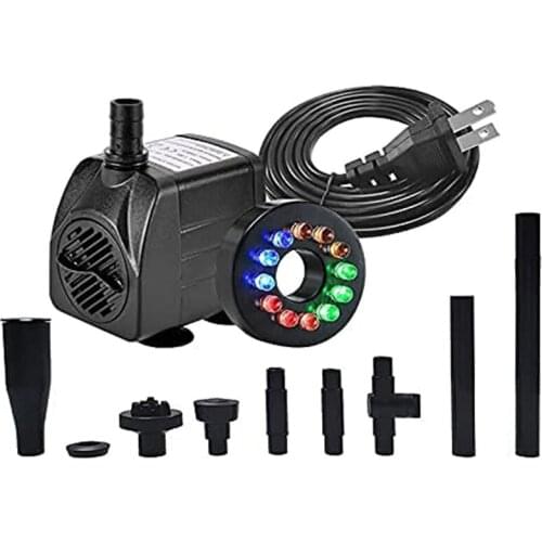 Quiet Submersible Water Pump with 12 Colorful LED Lights for Aquarium Fish Tank, Pond ,Outdoor Fountain US Plug