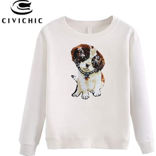 CIVICHIC Stylish Women Sequined Pullovers Shirt Cartoon Puppy Embroidered Hoodie Cute Dog Sweatshirts Cotton Tops Sudadera WHD01
