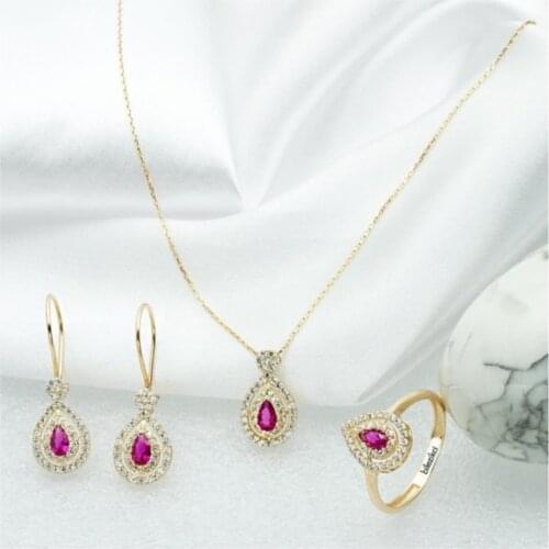 ZİRKON TRIPLE SET GOLD SPECIAL DESIGN WOMEN NECKLACE EARRINGS RING VALENTINES DAY SPECIAL DAY GIFT SPECIAL BOXED