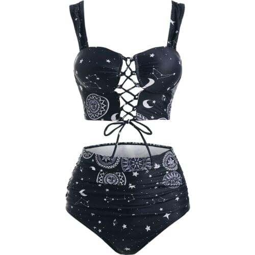 Wipalo Sexy Women Swimsuit Padded Swimwear Moon Sun Star Print Lace Up Tummy Control Tankini Set Beach Wear Bathing Suit Biquini