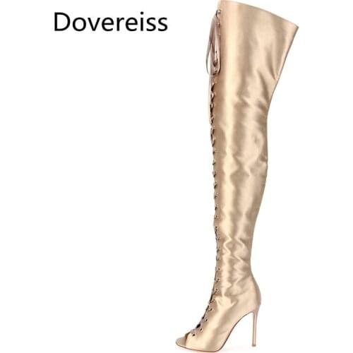 Dovereiss Fashion Womens Shoes summer Stilettos Heels Peep toe gold Elegant Ladies Boots Knee High Boots Mature big size 45