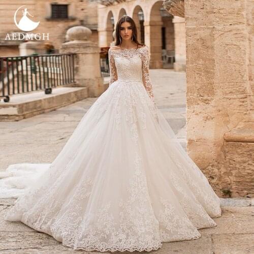 Aedmgh A-Line Empire Wedding Dresses 2021 Sweetheart Boat Neck Long Sleeve Vestido De Novia Gorgeous Appliques Robe De Marige