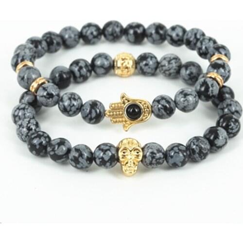 2pcs natural snowflak round stone beads men hamsa hand bracelet beaded gold-color skull head charm women bracelet