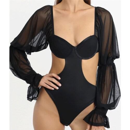 2021 Elegant Mesh Puff Sleeve Patchwork Women Bodysuit Backless Bandage One-Piece Slim Base Top Beach Swimsuit Bodycon Overalls