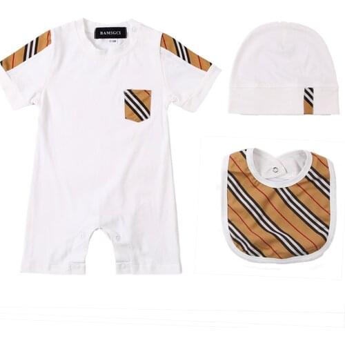 New summer fashion 3 pcs newborn baby boys girls rompers Bibs hats sets Plaid stripes cotton Short sleeve new born baby clothes