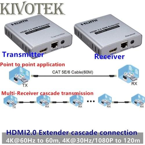 4K/60Hz HDMI Extender 60-120m Cascade Connection Hdmi2.0 Repeater TX+RX by Cat RJ45 LAN Ethernet Cables IR Transmitter Receiver