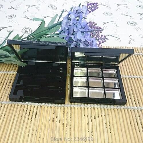 9 Grids Empty Eye Shadow with Mirror, Aluminum Black Palette Pans, Makeup Tool, Cosmetic DIY High Quality Plastic Box, 30pcs/lot