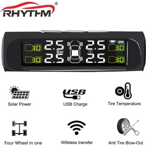 TPMS Car Wireless Tire Pressure Monitor Alarm System+4 External Sensor Tyre Detector Real-time Monitoring Solar/USB Charge Power