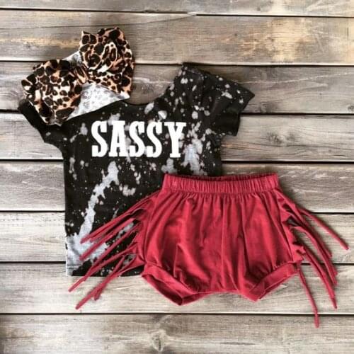 FOCUSNORM 3pcs Infant Baby Girls Cute Clothes Sets Letter Short Sleeve T Shirts Tassel Shorts Leopard Headband 0-24M