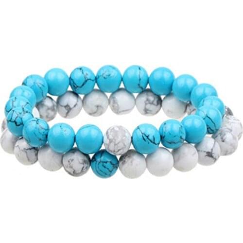 FYJS Unique 2 Pcs Handmade 8 mm Round Beads Blue Turquoises Stone Couple Bracelet Rock Crystal Jewelry
