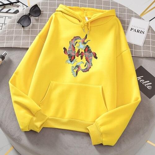 Japanese Style Two Totem Koi Prints Hoodies Women Autumn Street S-XXL Hoodie Loose Fashion Hoody Cartoons Casual Clothing Men