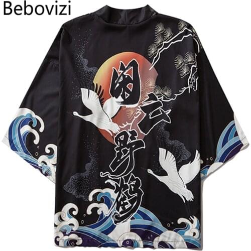Bebovizi Chinese Style Kimono Yukata 2020 Women Casual Crane Print Shirt Clothes Traditional Kimonos Men Japanese Coat