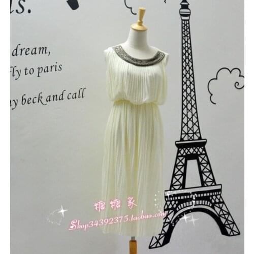 Fashion women summer new exquisite handmade beading chiffon elastic waist tank dress one-piece white Pleated dress