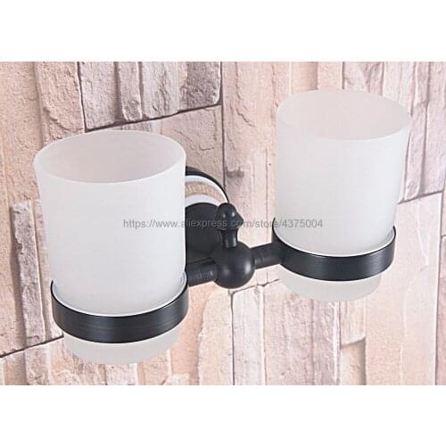 Wall Mounted Oil Rubbed Bronze Double Cup Holder Toothbrush Holder with Two Glass Cups Rack Tumbler Holder Nba709