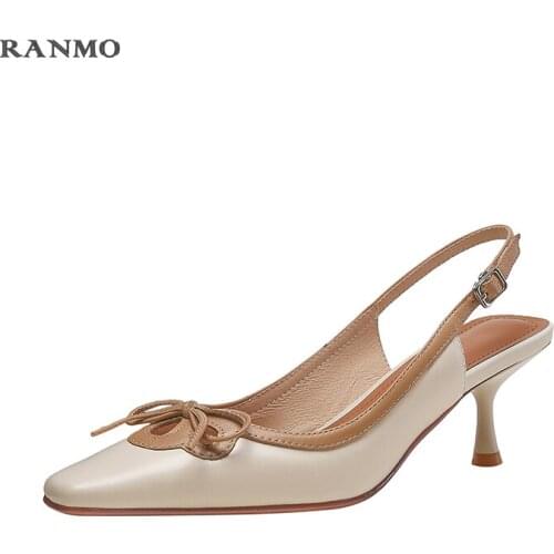 Spring/summer 2021 new sweet high-heeled shoes with bow design real leather shoes womens sandals casual sandals woman shoes