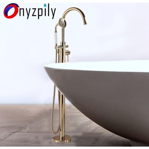 Onyzpily Golden LED Floor Stand Bathtub Faucets with Hand Shower Floor Standing Bath Faucet Single Handle Mixer Tap