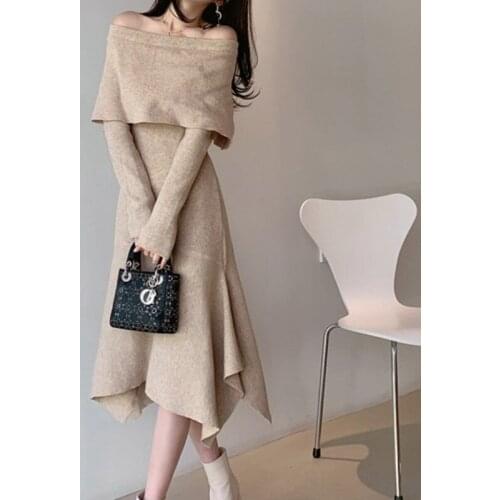 Autumn Winter Ruffles Mermaid Maxi Sweater Dress Women Sexy Off Shoulder Camel Black Elegant Female A-line Long Midi Knit Dress