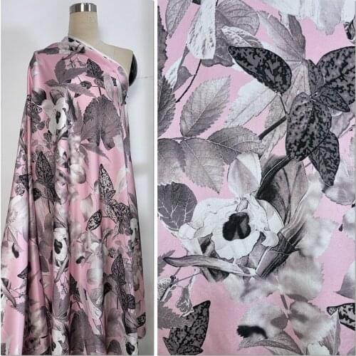1 Meter Mulberry Silk Fabric Cheongsam Dress Shirt Printing Stretch Satin Pastel Leaf Orchid