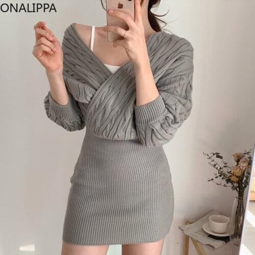 ONALIPPA Women Dress 2021 Winter Autumn Korean Chic Temperament V-neck Cross Linen Pattern Design Stitching Knitted Vestidos