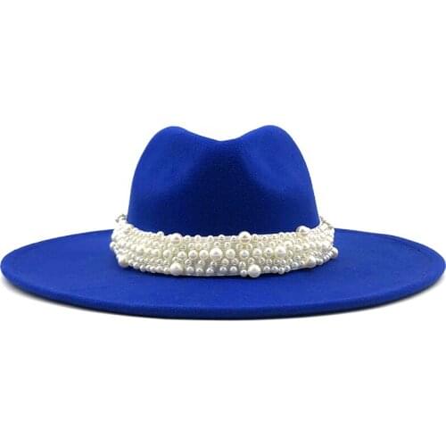 Hot British Style winter wool solid Classic fedoras cap men women panama jazz hat Pearl band 9.5CM Wide Brim Big white Fedoras