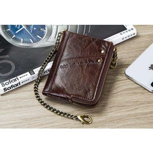 Casual leather mens wallet FRID multi-function double zipper top layer leather coin purse