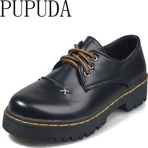 PUPUDA Casual Leather Shoes Women Platform Shoes Fashion Chunky Female Shoes Comfortable 2020