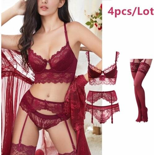 Sexy Lace Thin Cotton Cup Breast Bra Set ( Bra+Panty+Garter Belt +Stocking) 4 Pieces/ Lots Lingerie Set