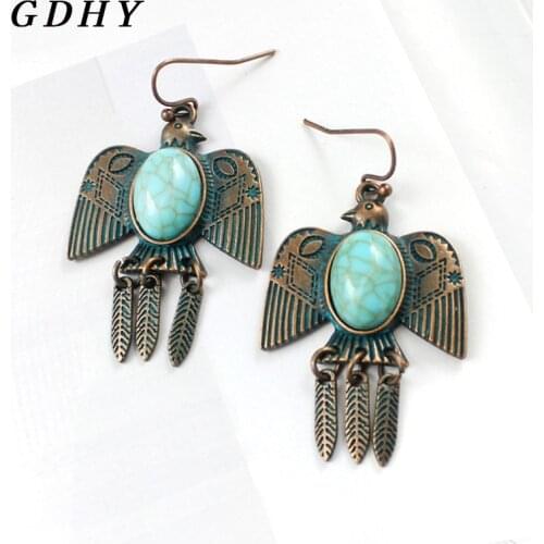GDHY Retro bronze Peace Bird Sunbird Tibetan Tribal Eagle Earrings Bird Eagle Long Birds tail green Stone Tassel Drop Earrings