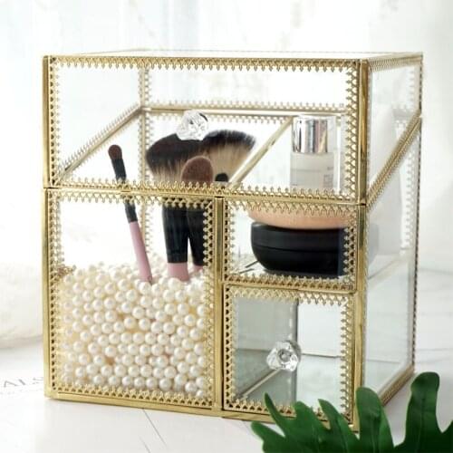 Retro glass cosmetic box gift red lip glaze make-up cotton four-in-one storage box bronze edging dust-proof and gray