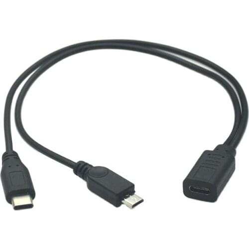 USB 3.1 Type-C 1 to 2 Type-C Female & Micro USB 5P & Type-B Printer Female to 2 Male Y Splitter Charging Extension Cable 30CM