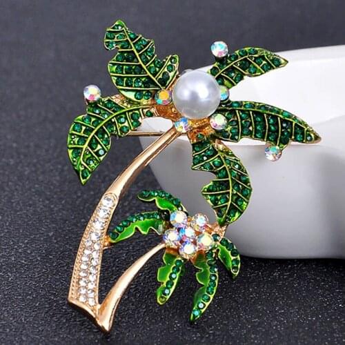 Zlxgirl jewelry summer style coconut tree brooch creative green color pearl brooch of womens wedding bridal scarf pins