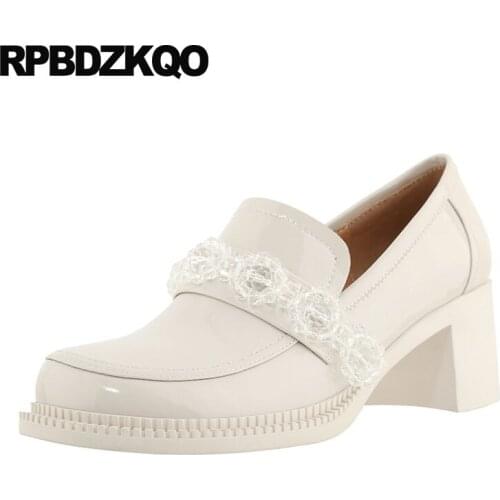 Pumps Chic Japanese Genuine Leather Ivory Block Medium Heels Sweet High Round Toe Beige 2021 Ladies Beaded Wedding Shoes Patent