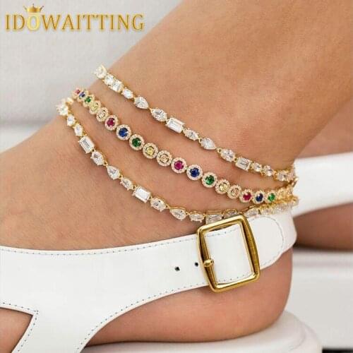 2021 Summer New Women Fashion Various Shaped Geometric Heart Round Square Marquise Oval Link Chain Anklet Bling CZ Foot Jewelry