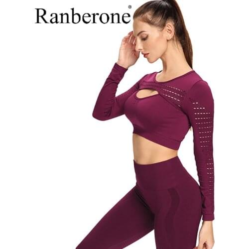 Ranberone Women Yoga Clothing Suit Sexy Long-Sleeved Hollow Top Seamless High-waist Fitting Gym Leggings Breathable Sportswear