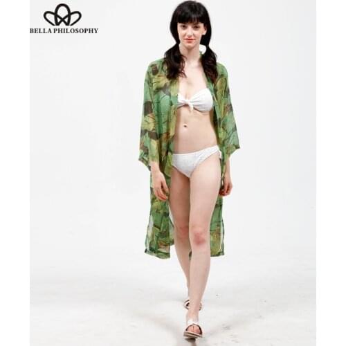 Bella Philosophy 2017 spring summer new wholesale long chiffon green leaf print beach long chiffon kimono jacket shirt