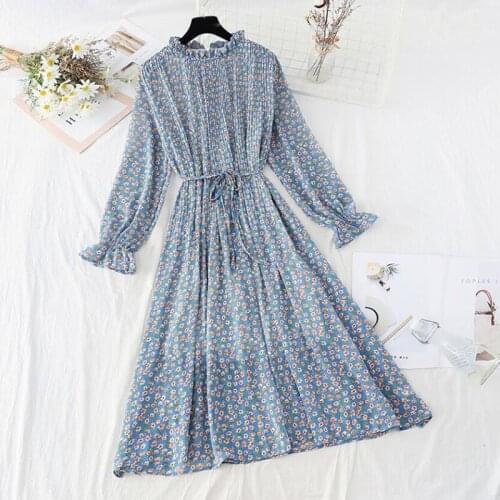 2021 Spring New Elegant Lotus leaf collar Print Dress Women Casual Long Sleeve Pleated Chiffon Dresses Loose Summer Dress