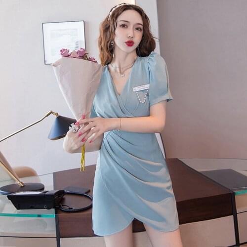 Fashion Summer Vintage Puff Sleeve Mini Party Dress Ladies Elegant Casual V-Neck Pearl Folds Patchwork Asymmetrical Short Dress