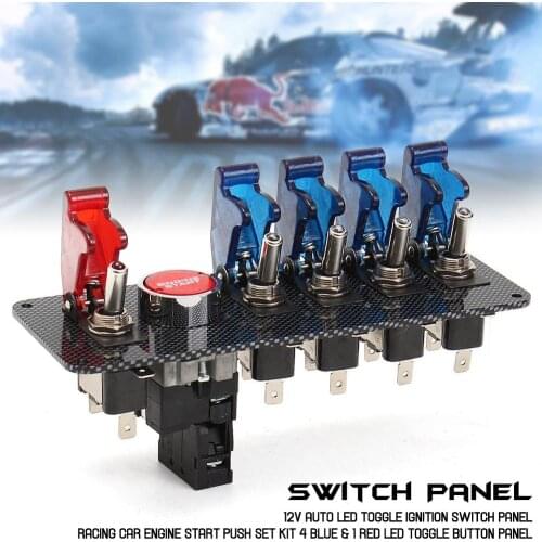 12V Auto LED Toggle Ignition Switch Panel Racing Car Engine Start Push Set Kit 4 Blue & 1 Red LED Toggle Button Panel