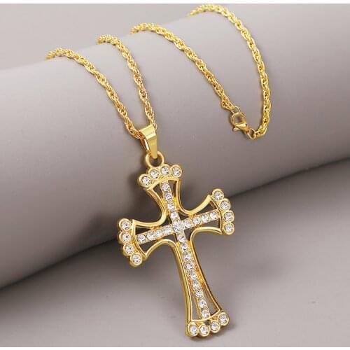 2020 Women Men Rhinestone Cross Big Pendant Necklaces Hip Hop Jewelry Punk Style Gold Silver Color Long Chain Statement Necklace