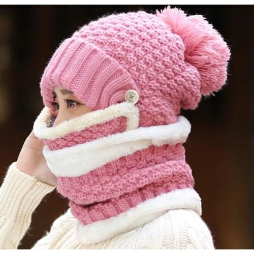 3 Pcs/set Winter Women Hats With Breathing Mask 2in1 Knitted Cap Girl Pompoms Hat Warm Plush Lined Neck Scarf