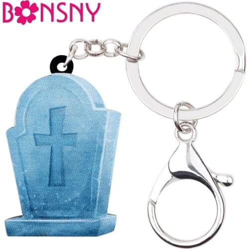 Bonsny Acrylic Halloween Punk Grave Tomb Key Chains Keychain Ring Decoration Jewelry For Women Girls Bag Car Purse Charms Bijoux