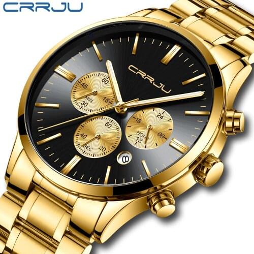 CRRJU Mens Gold Stainless Steel Quartz Watches Luxury Business Chronograph Analgue Wristwatch for Man Waterproof Quartz Clock