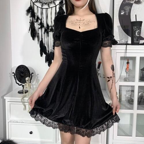 Black Goth Vintage LaceDress Goth Sexy High Waist Mini Dress Club Elegant Short Sleeve A Line Dress Party