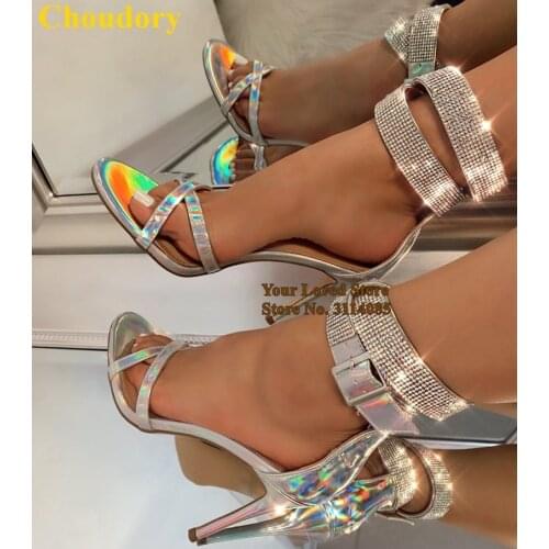 Choudory Siver Bling Bling Rhinestone Sandals Hologram Iridescent Strappy High Heels Glittering Wedding Shoes Dress Pumps Size46